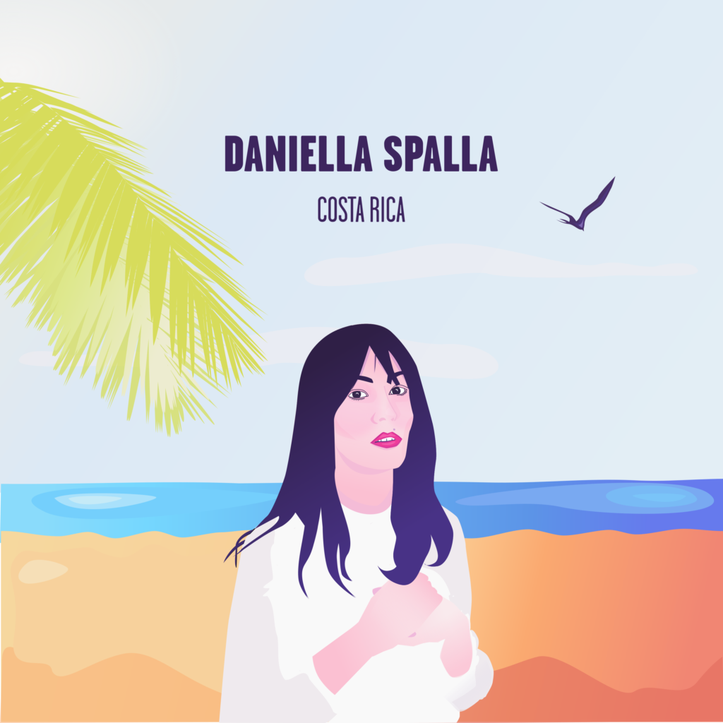 My Album cover, includes Daniella Spalla in the middle, a palm to the left side, a seagull on the right side.