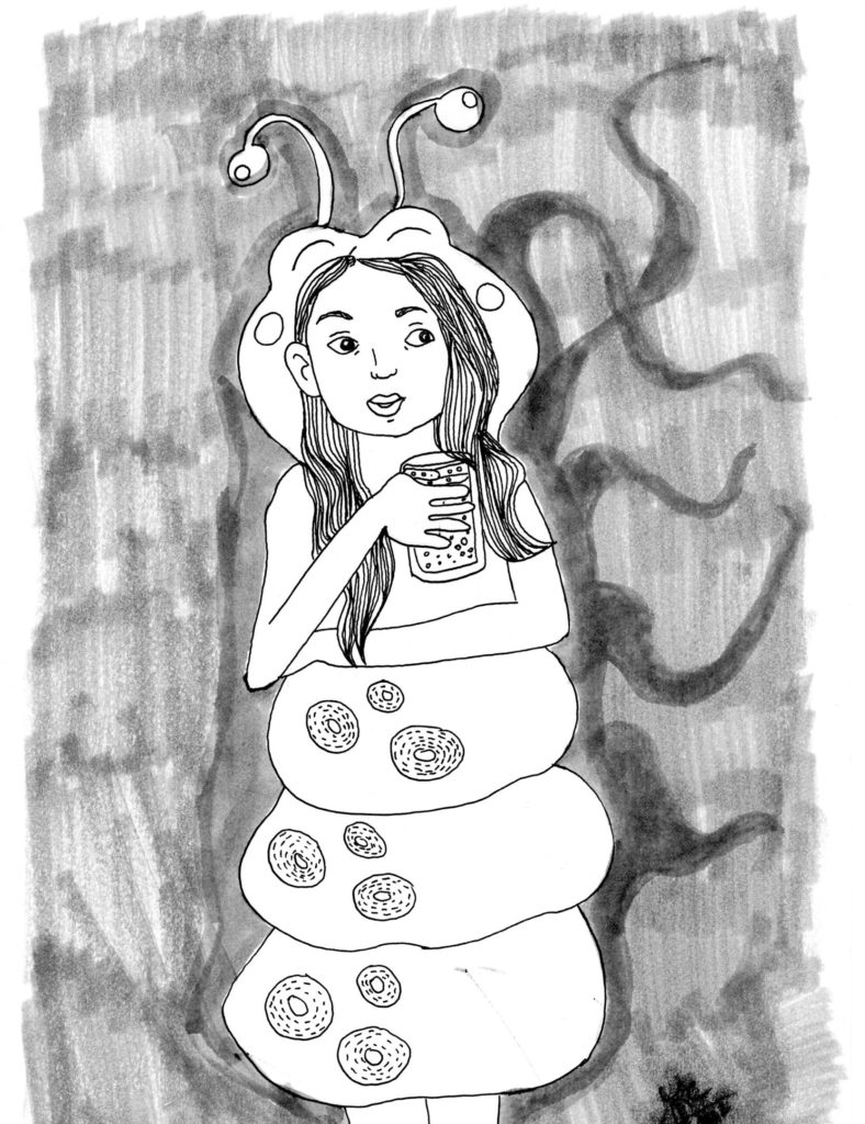 The girl is a grow-up now and she looks bored in a Caterpillar costume, drinking something in a party.
