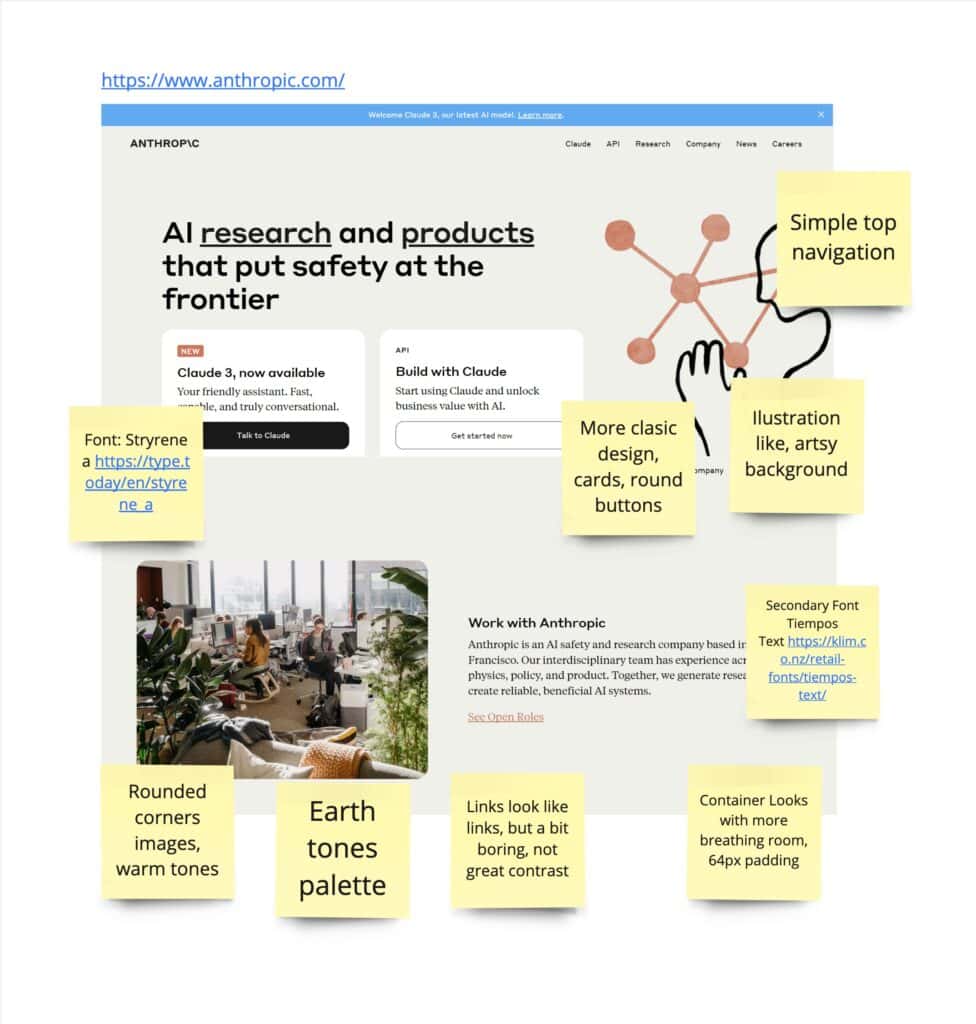 Anthropic web site screenshot with notes: simple top navigation, artsy illustrations, classic design, fonts, earth tones.
