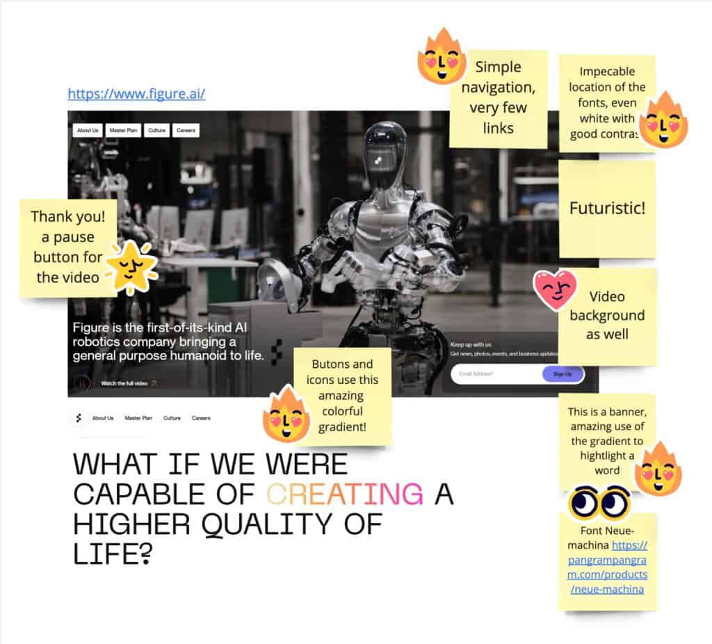 Figure.ai website with notes: simple navigation, few links, good contrast, futuristic, video background, nice usablity