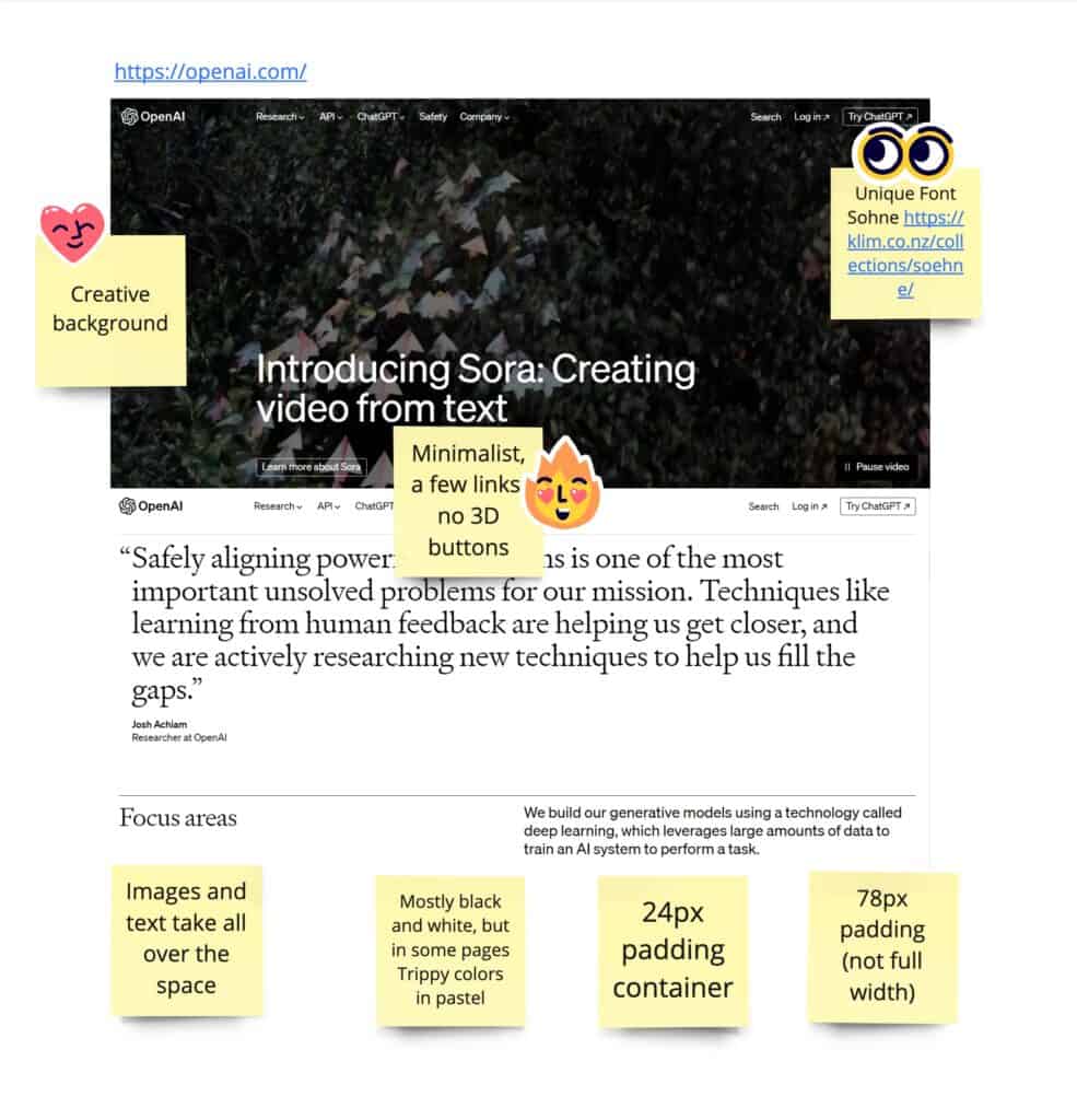 OpenAi screen capture with notes about what I liked: Creative background, Unique font, Minimalist